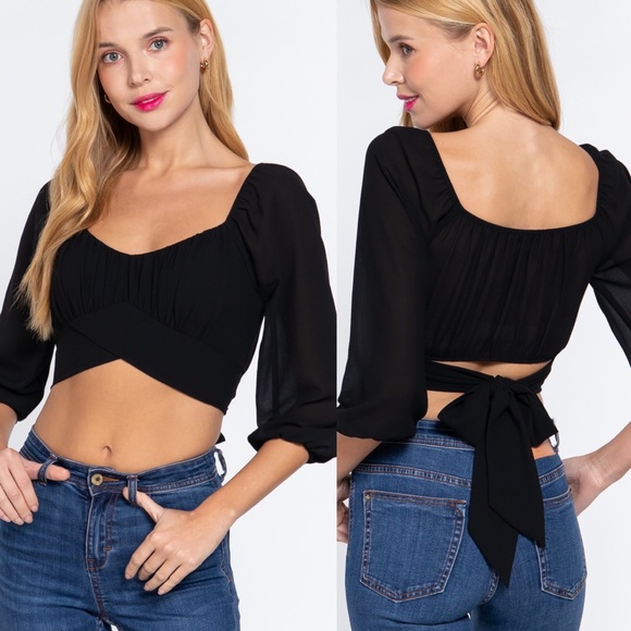 Black Womens 3/4 Sleeve Crop Sheer Woven Top - Picture 2 of 6